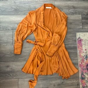 Gorgeous Zimmermann burnt orange silk wrap mini dress